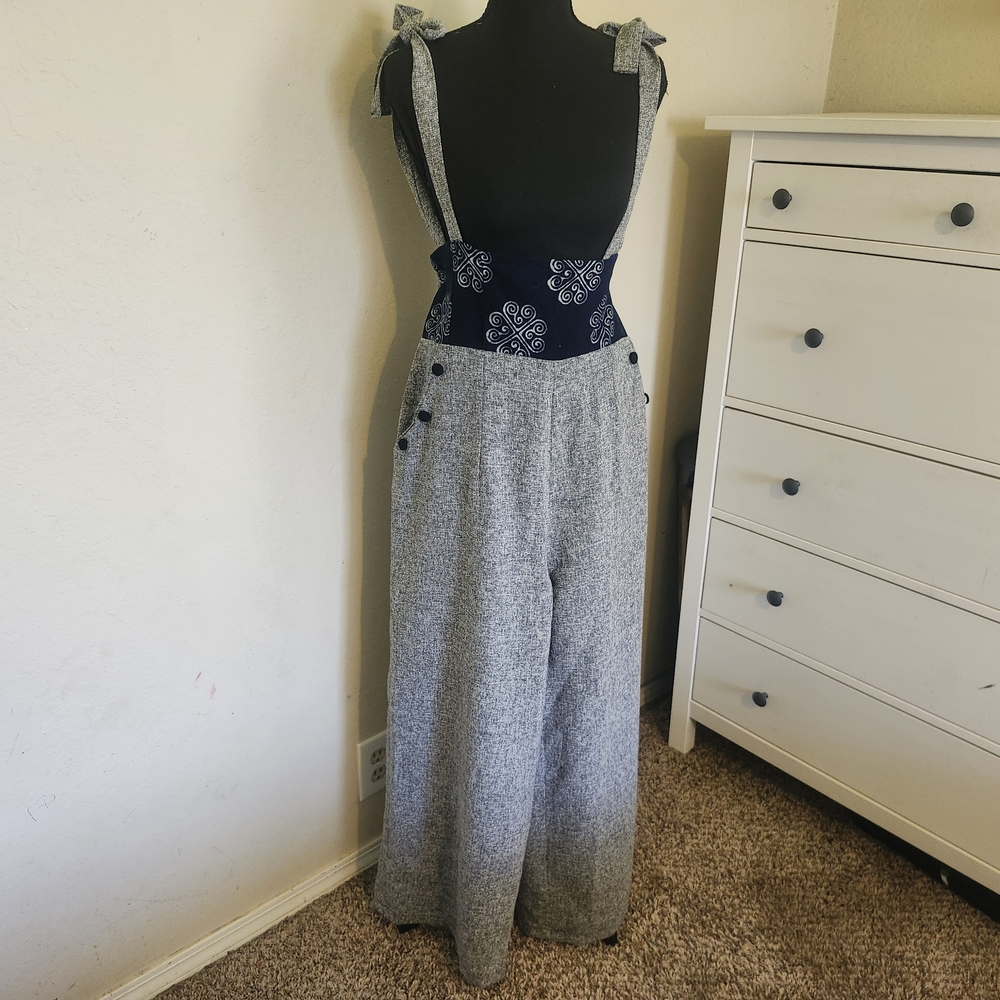 Women's Boho Wide Leg Jumpsuit with Bow Straps Cottage Core Linen Look